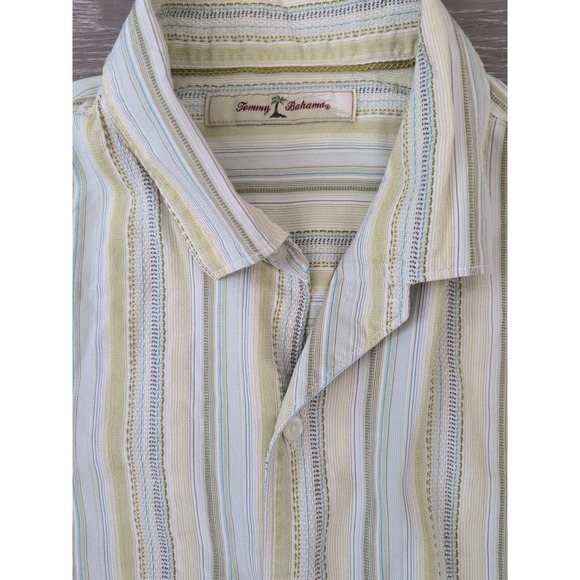 Tommy Bahama Shirt Mens Size Large‎ Silk Green Textured Striped Short Sleeve - Picture 6 of 7